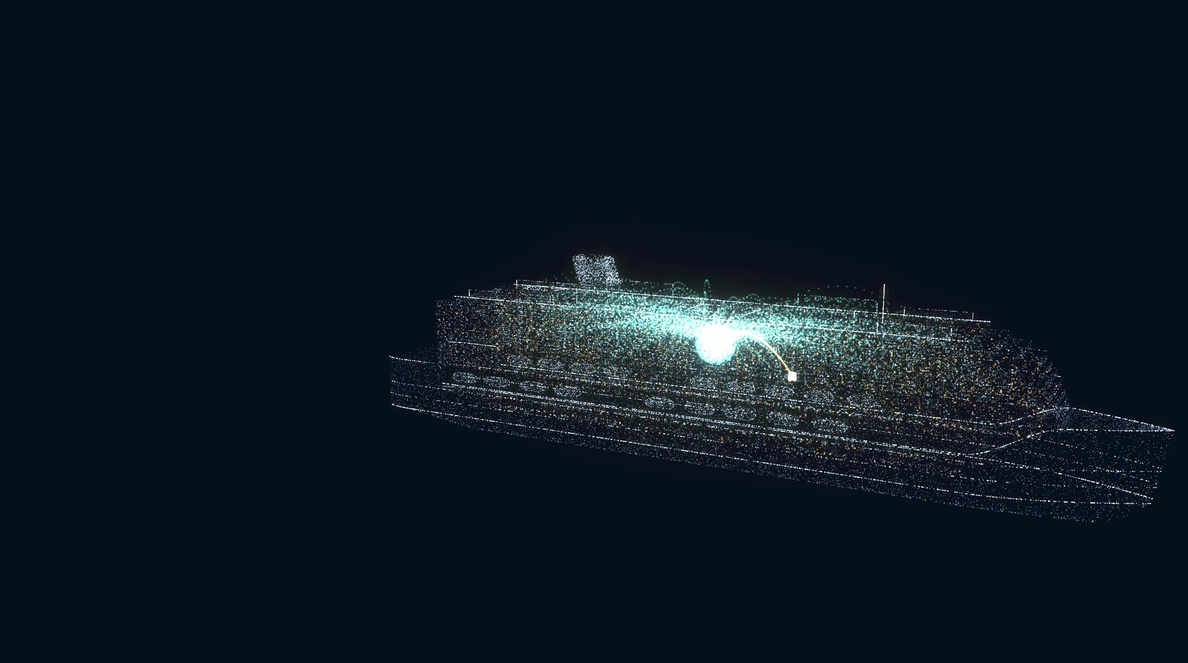 Ein großes Kreuzfahrtschiff als Wolke aus Lichtpunkten; Fäden aus den Kabinen fließen in eine türkise Mitte, und eine goldene Linie führt zu einer einzigen Kabine