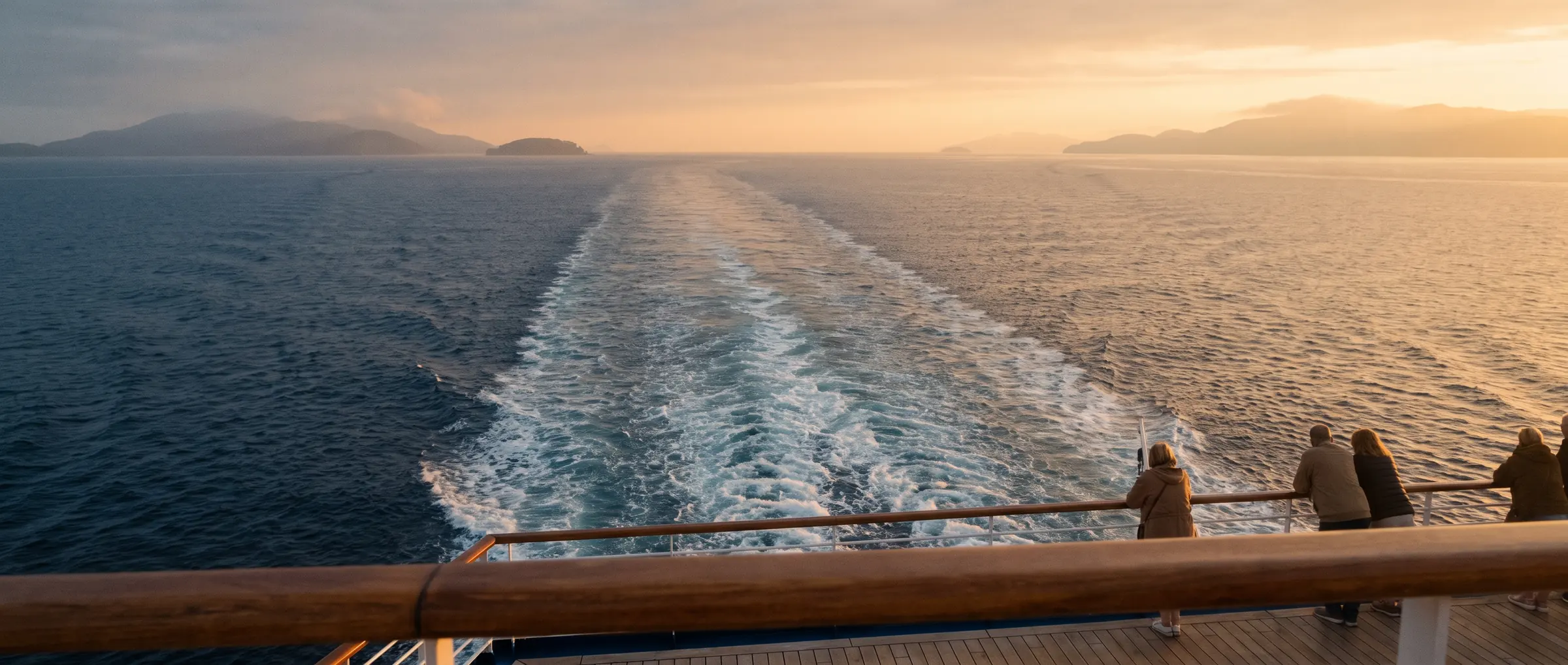 The wake of a cruise ship stretching toward a golden sunset over a calm sea