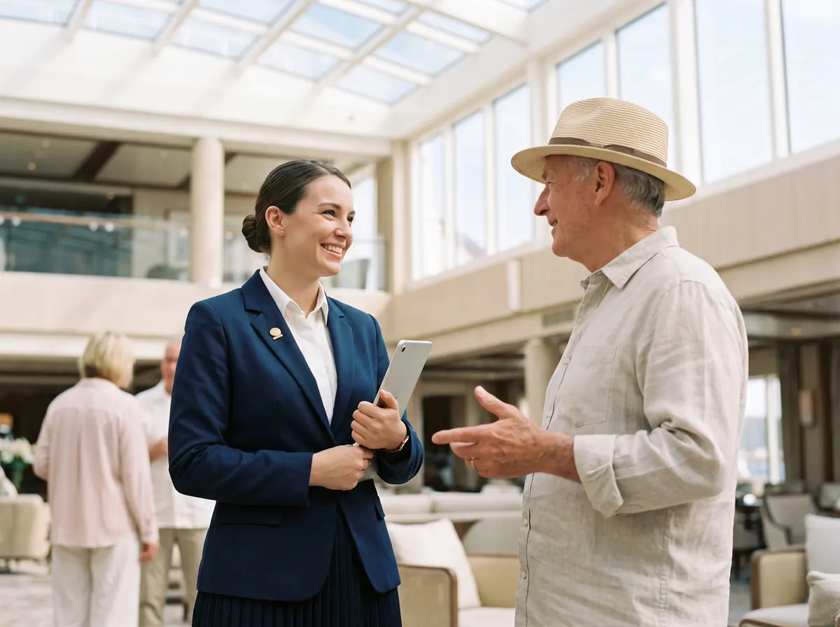 A crew member in a navy uniform greets a guest with a warm smile in a bright atrium, a tablet at her side