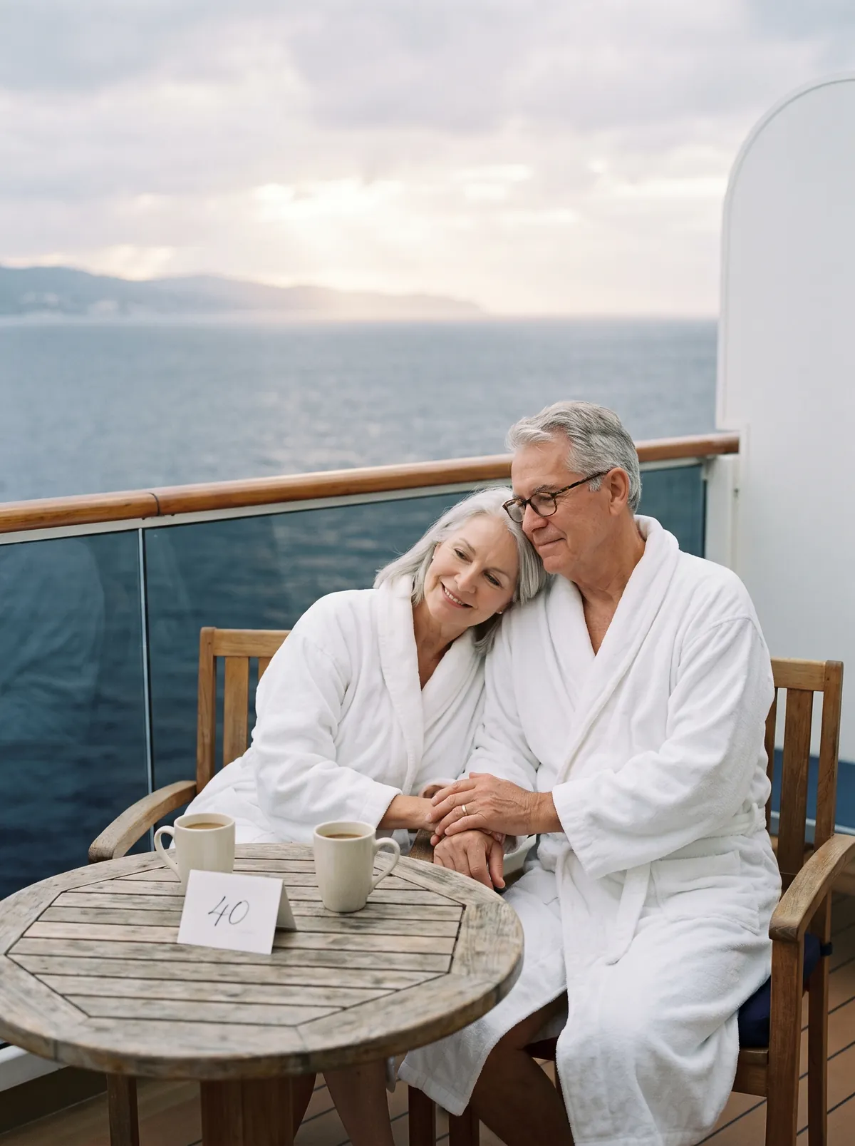 An older couple in white bathrobes on their cabin balcony in the early morning, coffee on the table beside a small card with the number 40