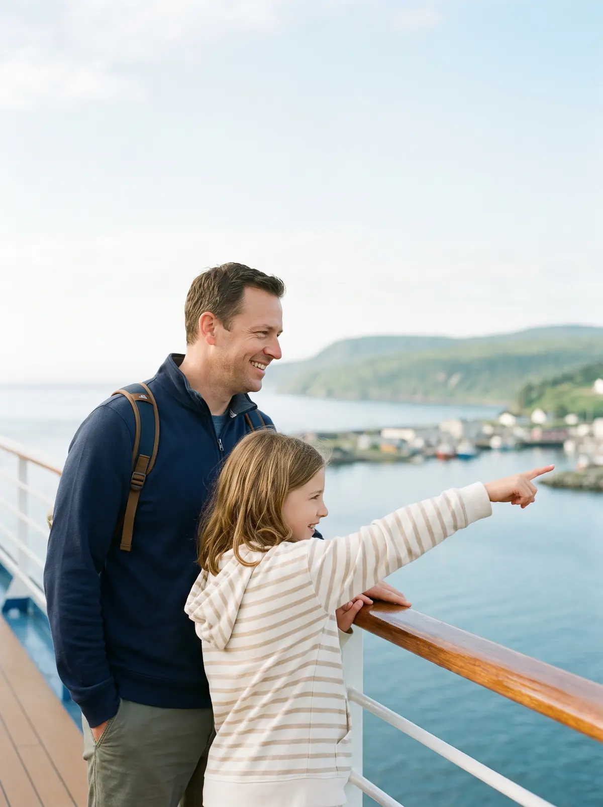 A father and his young daughter at the deck railing, the girl pointing excitedly at a harbour town on the coast