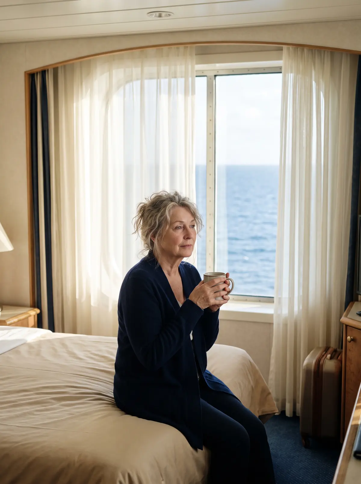 A woman in her sixties sits on the edge of her cabin bed in the early morning, holding a cup of tea, looking tired