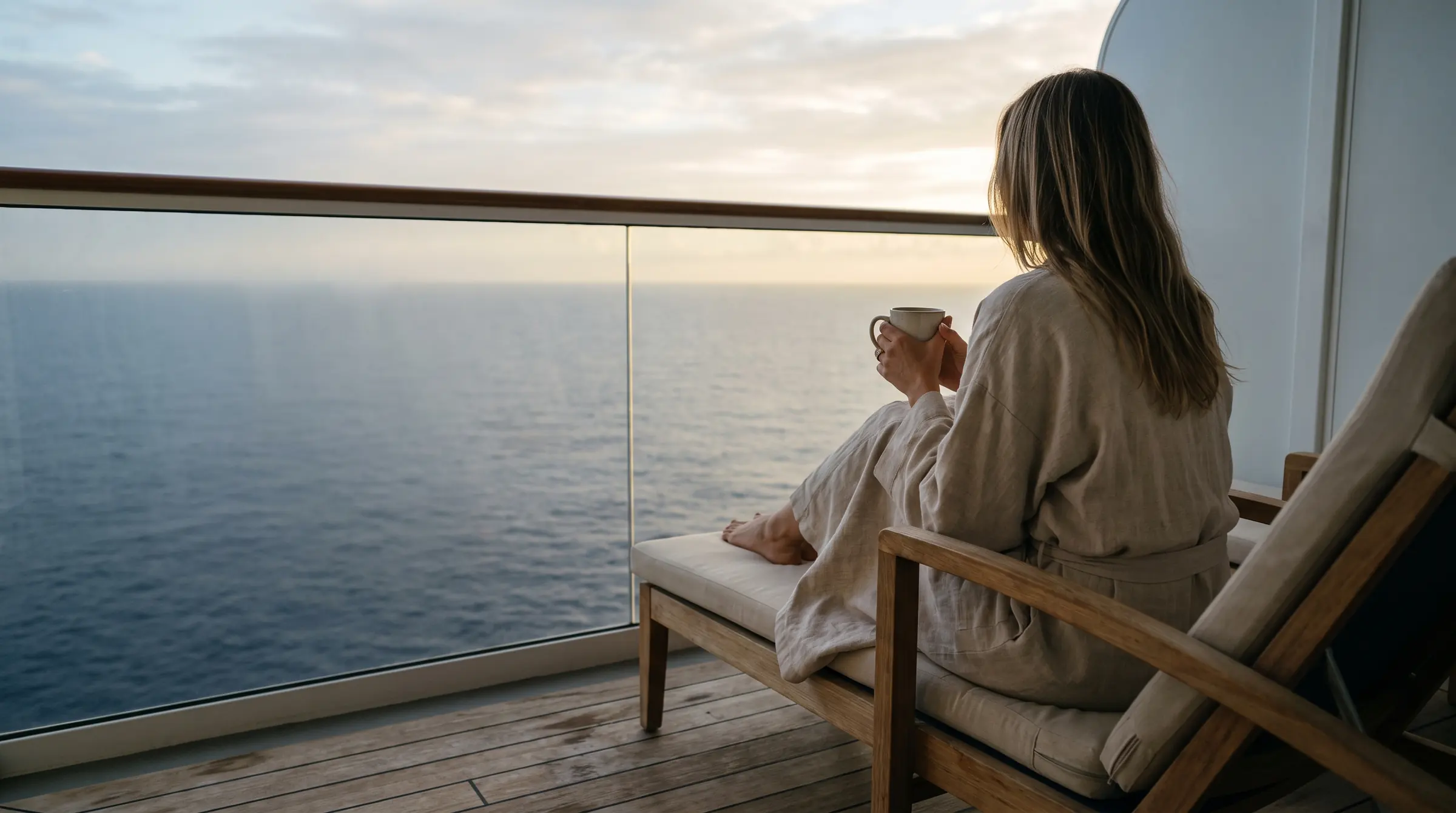 A guest in a linen robe on her cabin balcony at first light, a cup of coffee in her hands, looking out over a calm sea