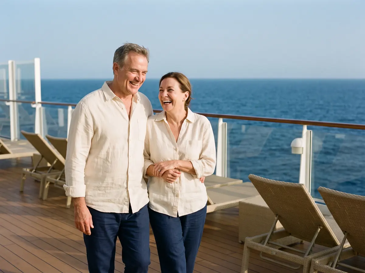 A couple in their fifties laughing together as they walk along a quiet upper deck, the open sea behind them