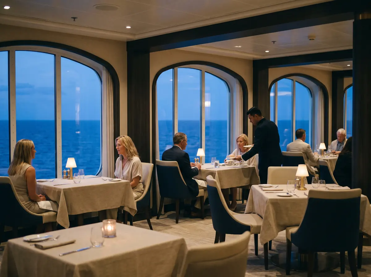 A calm specialty restaurant on board in the evening, every table taken, the sea at blue hour behind tall windows