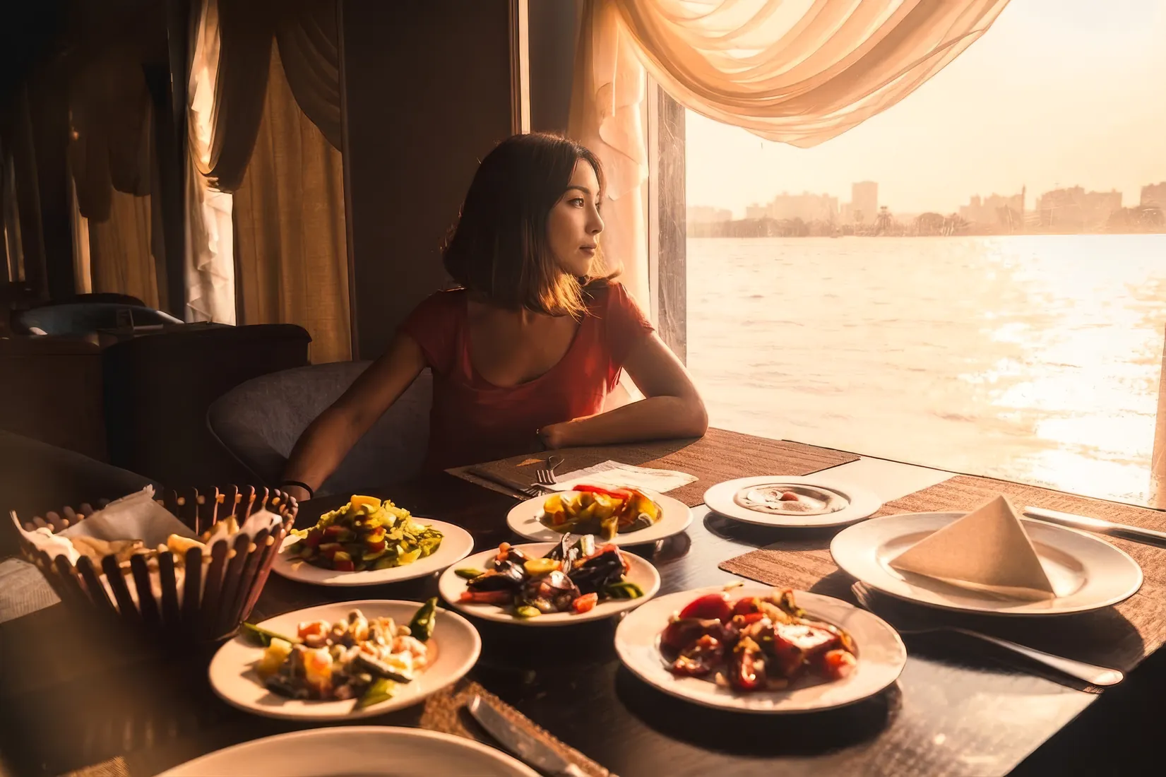 An onboard dining table set for a guest at dusk